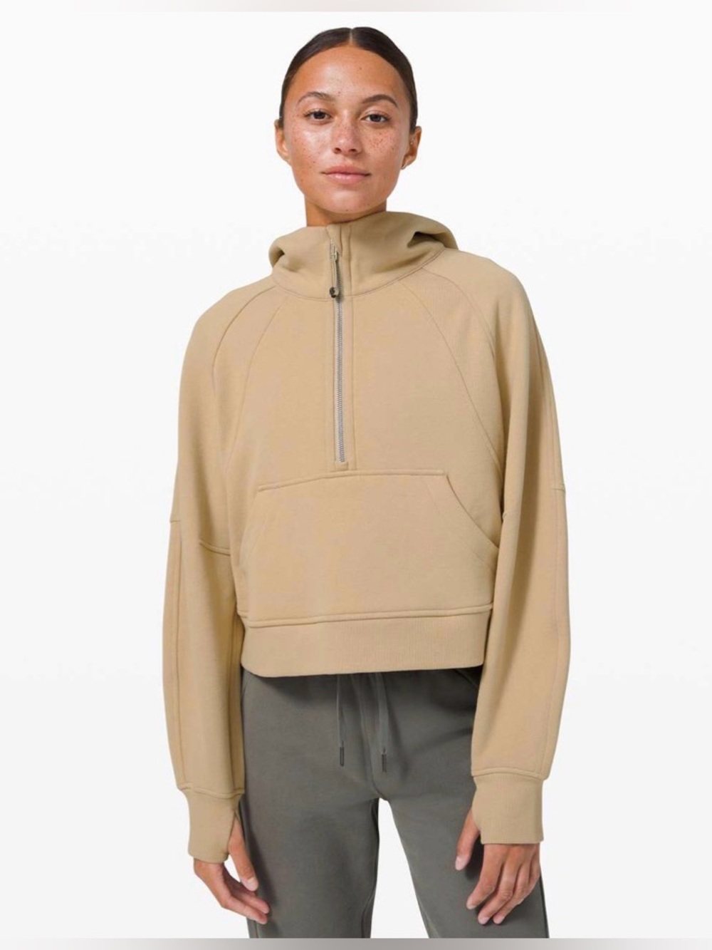 LULULEMON Scuba Oversized 1/2 Zip Cropped Hoodie in Trench Beige